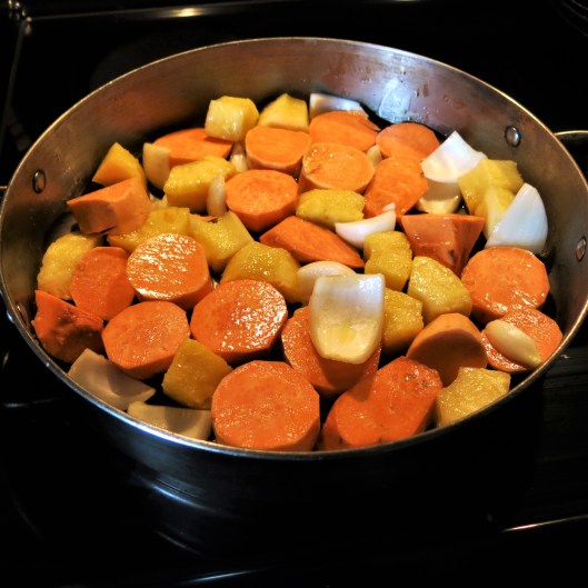 Roasted Sweet Potatoes, Onions and Pineapple with Rum