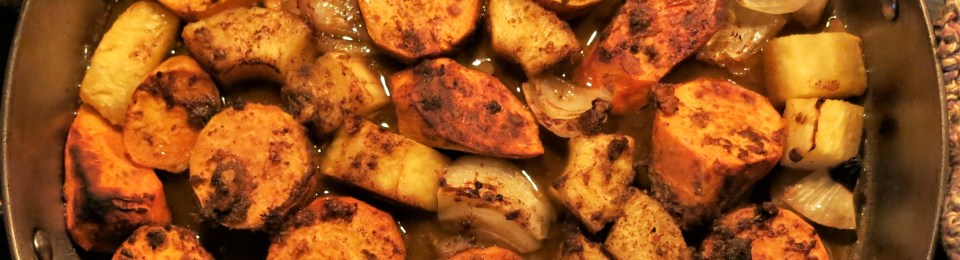 Roasted Sweet Potatoes, Onions and Pineapple with Rum