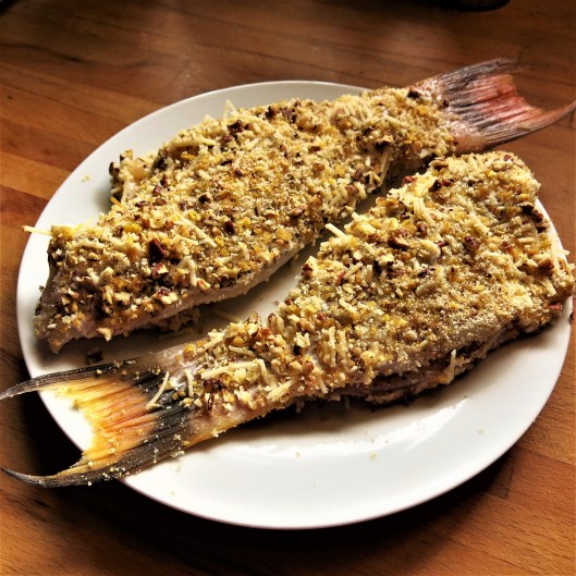Fish Fillets with a Plantain Chip, Pecan, Panko and Parmesan Crust