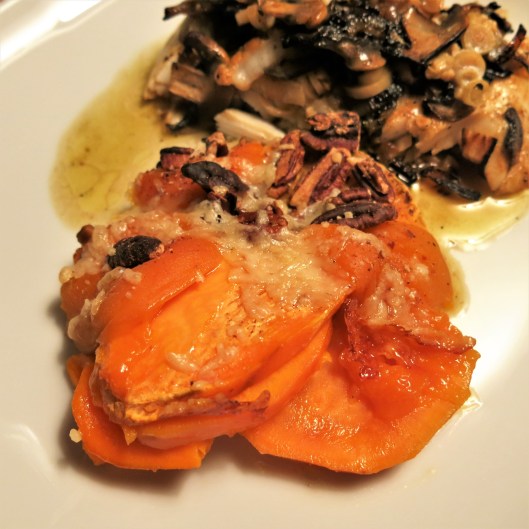 Roasted Sweet Potatoes with Pecans, Apricots and Parmesan