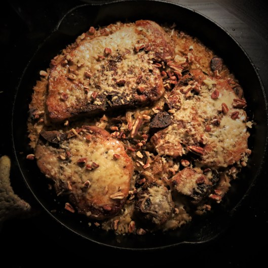 Skillet Pork Chops on a Bed of Onions and Mushrooms