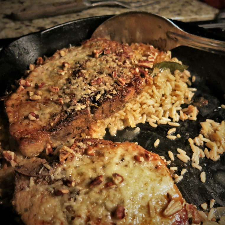 Skillet Pork Chops on a Bed of Onions and Mushrooms